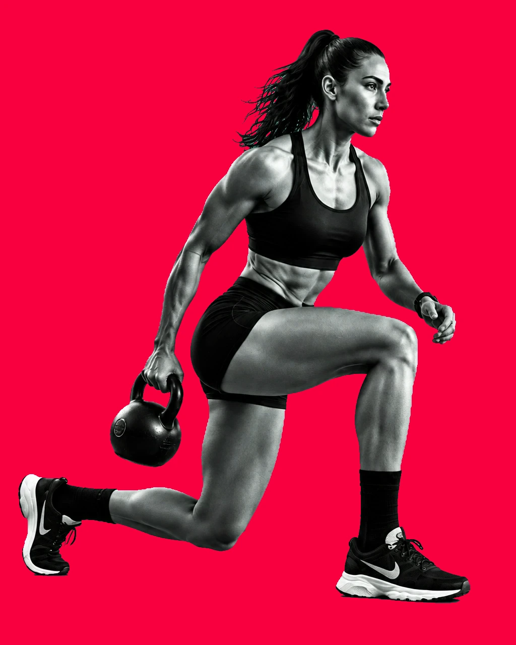 Female athlete performing a kettlebell lunge