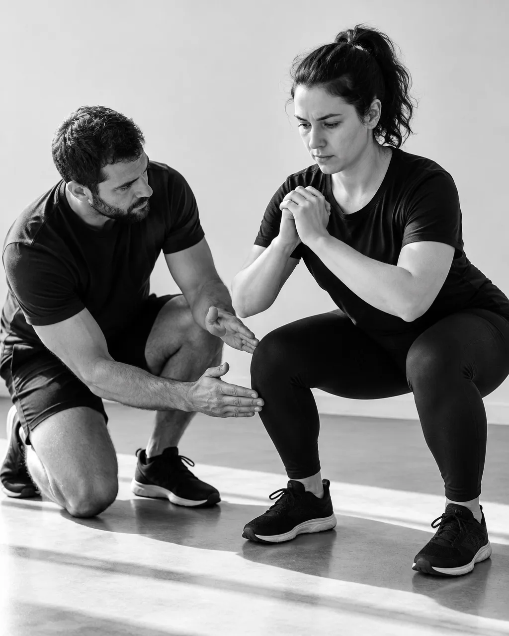 Coach guiding a client through a squat assessment