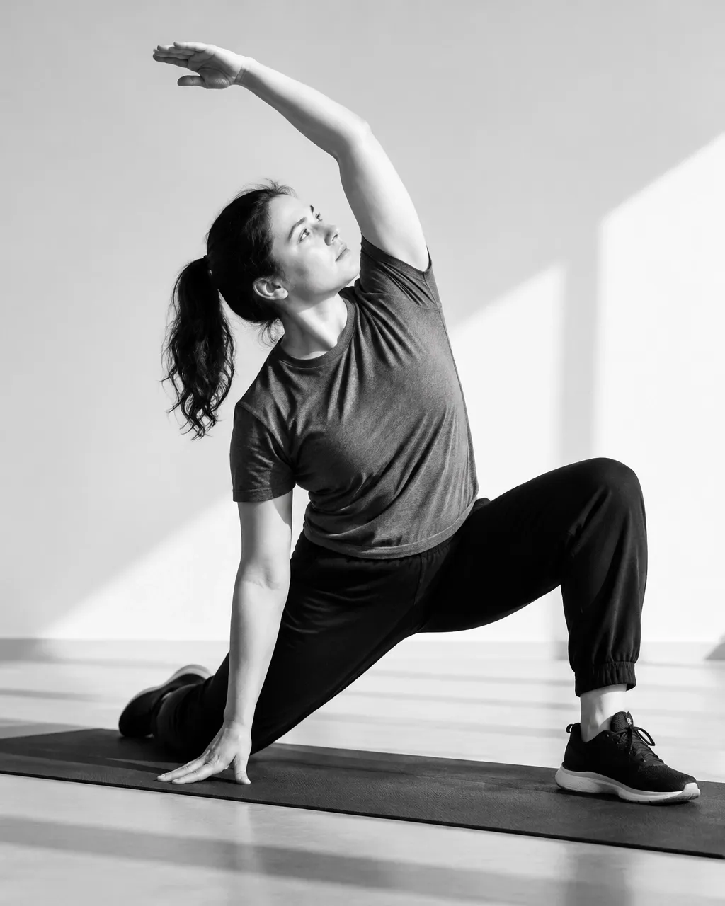 Woman performing a deep lunge with one arm reaching overhead